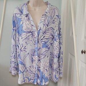 Halston Heritage Blue and White Floral Button Down Linen Shirt Size 3X
